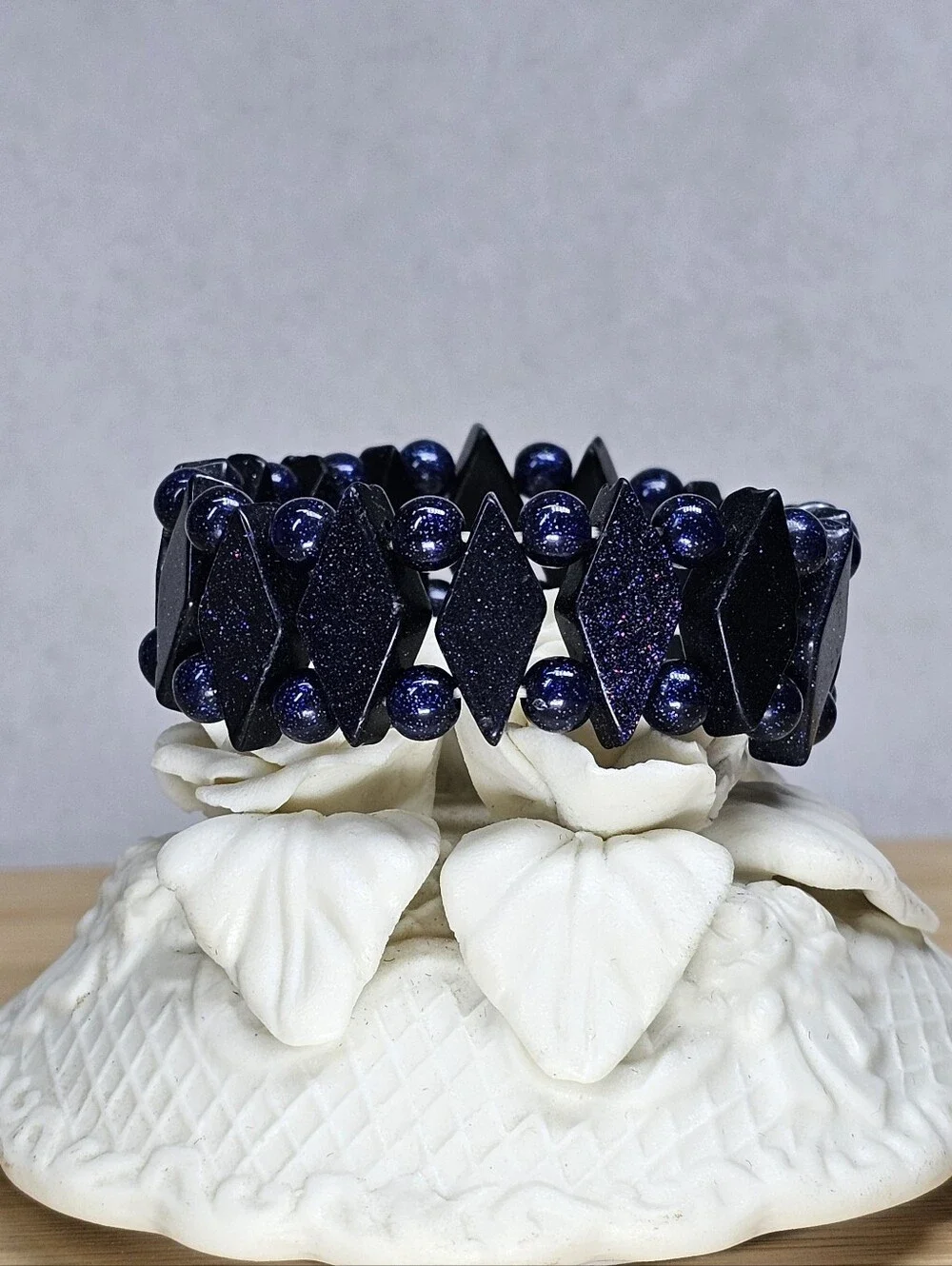 Midnight-Blue Goldstone Sparkling Gemstone Stretch Bracelet Vintage